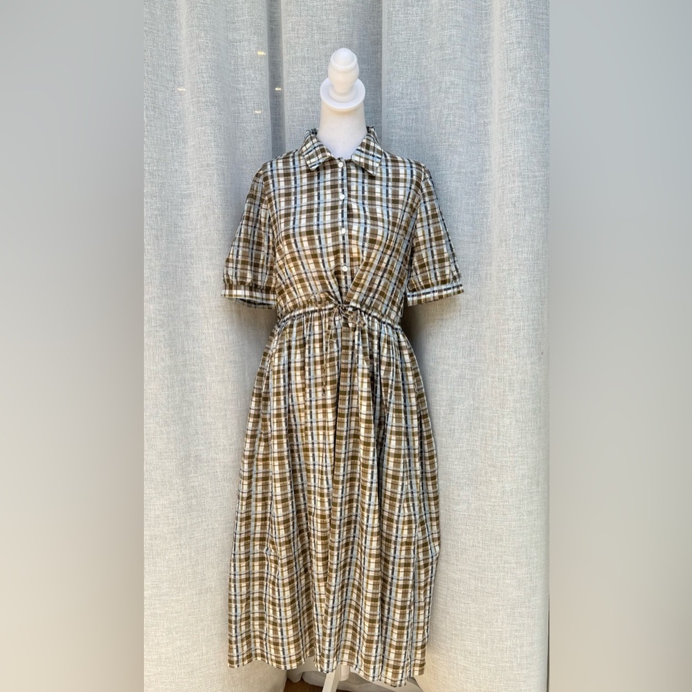 MUN Korea light airy brown gray plaid short sleeve midi shirt dress